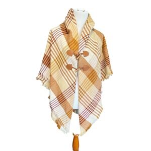 SONOMA Plaid Poncho Wrap Shawl Cape Scarf Camel Tan Brown Fringed ToggleOne Size
